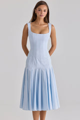 blue pleated lace up cotton midi dress