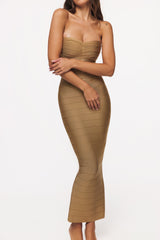gold shimmer strapless v waist bandage maxi dress