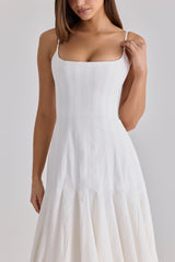 white pleated cotton godet midi dress