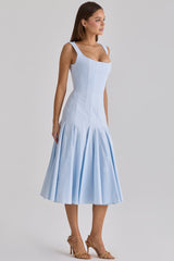 blue pleated lace up cotton midi dress
