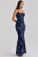 navy hand beaded embellished corset maxi dress