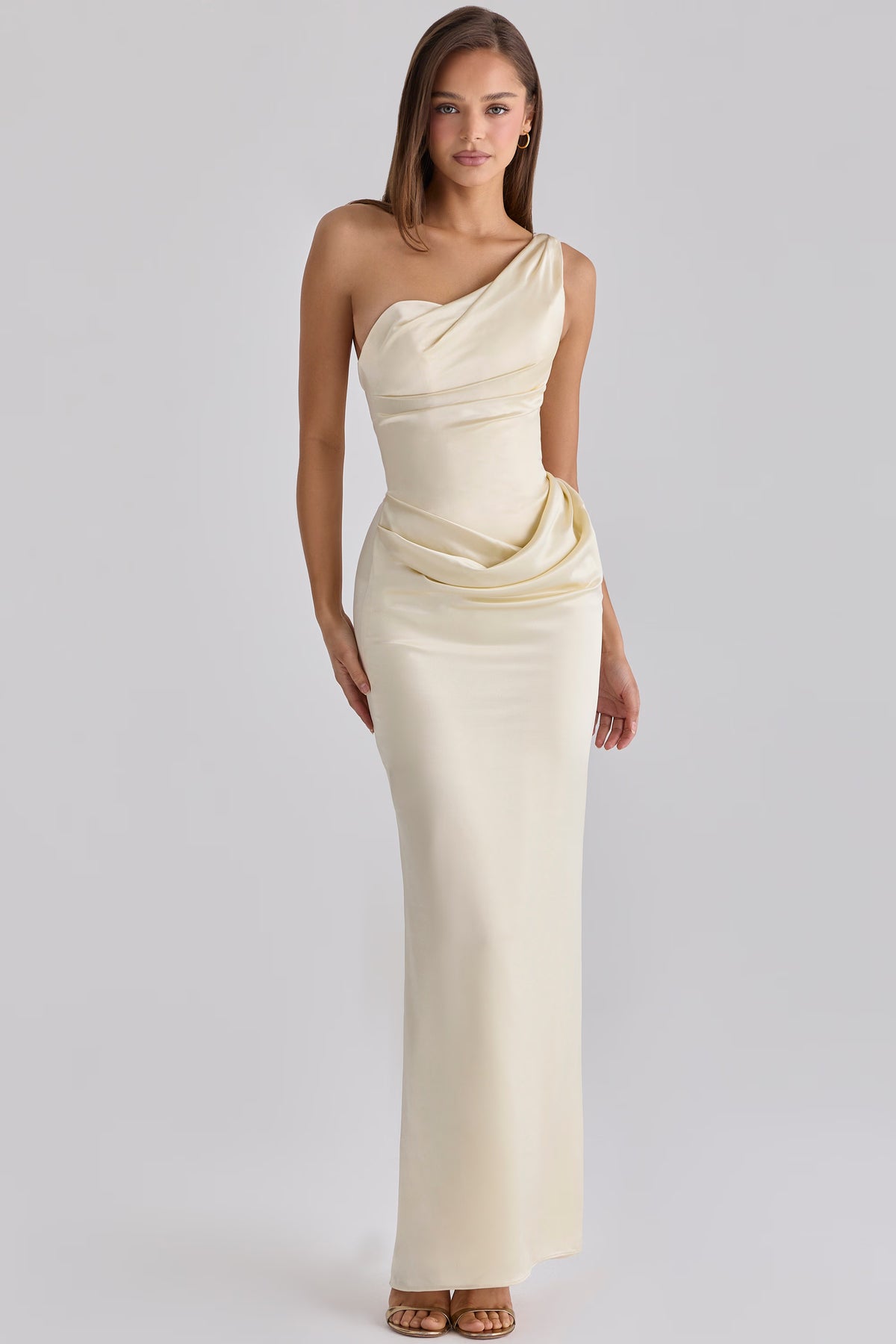 lemon one shoulder satin maxi dress