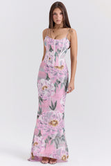 pink floral corset maxi dress