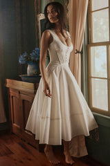 white cotton waist cinch midi sundress