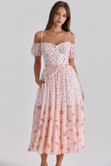 white rose print georgette ribbon midi dress