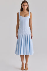blue pleated lace up cotton midi dress