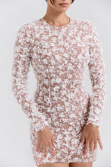 white floral appliqué backless mini bridal gown