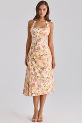 warm rose print halter neck cotton midi dress