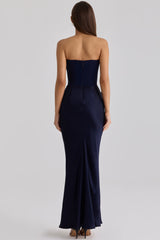 navy satin + crepe strapless corset maxi dress