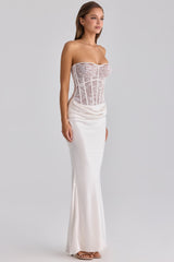 white lace + satin maxi corset dress