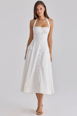 white cotton halter neck midi dress